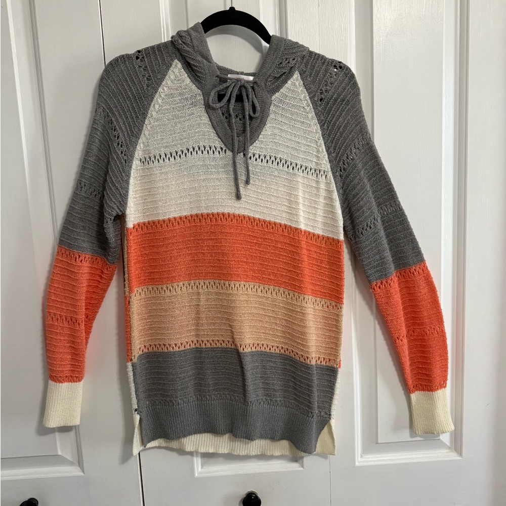 Cozy Striped Cowl Neck Sweater in Gray, Orange, and Cream